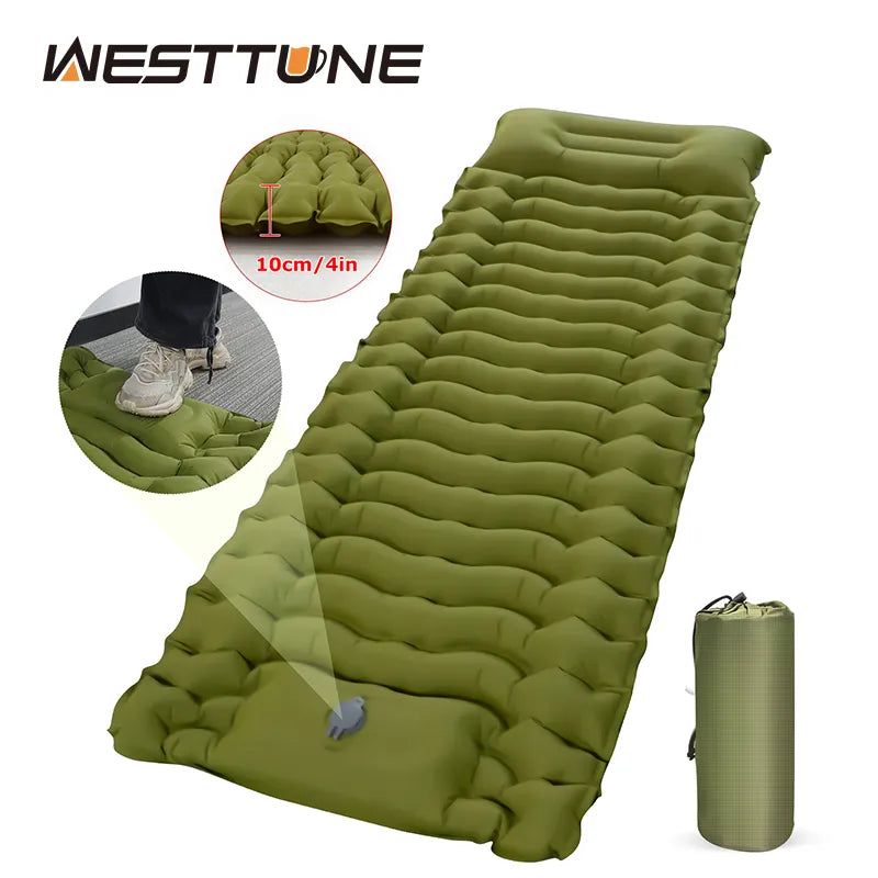 Outdoor Thick Camping Mattress Ultralight Inflatable Sleeping Pad with Built-in Pillow & Pump Air Mat for Hiking Backpacking